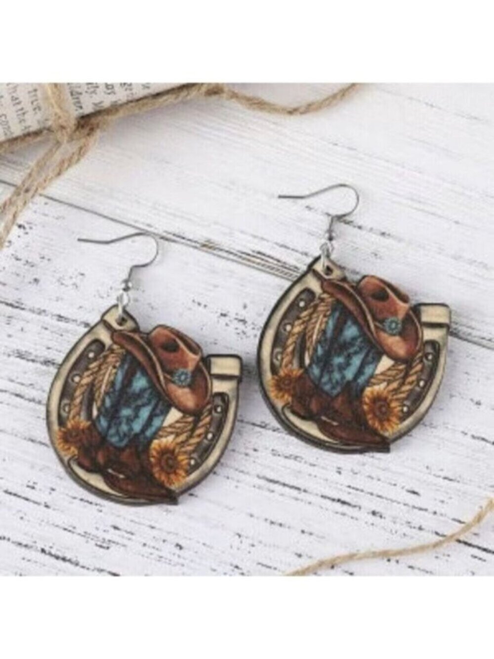 Vintage Western Cowboy Boots Sunflower Horseshoe Earrings  Wooden Jewelry
